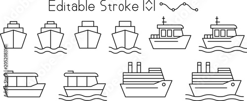 Modern ship and boat icon collection with editable stroke outlines. Includes cargo vessels, marine transport, fishing boats, cruise ships, and ocean transportation concepts for web and app design.