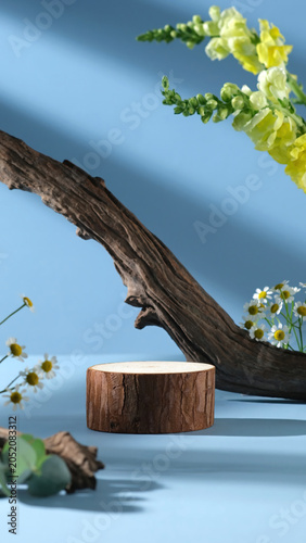 Natural wood podium display featuring a wooden platform, yellow blossoms, and driftwood elements on a soft blue backdrop. Elegant scene for perfumes, candles, and premium beauty products.