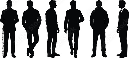 Konstfotografi Silhouettes of six businessmen in various poses, black on white background