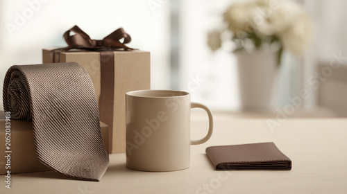 Gift box silk tie coffee mug leather wallet brown ribbon beige background male accessory morning light elegant composition holiday present