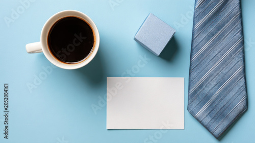 Coffee necktie gift box blank card blue background business office breakfast greeting message card hot drink caffeine cup saucer stripe fashion