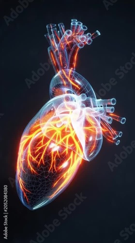 3D visualization of a transparent human heart with glowing orange blood vessels and intricate circulatory system on a dark background