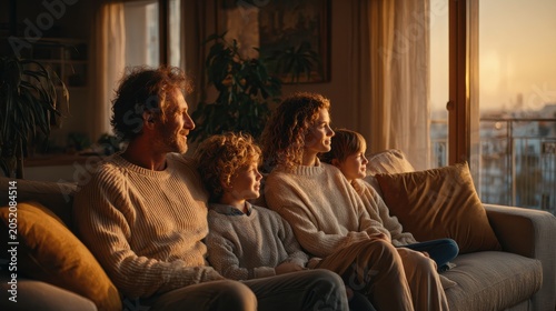 Family Watching Sunset From Living Room Window