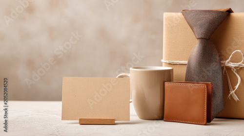 Gift box tie mug wallet card minimalist composition for father day celebration on beige background