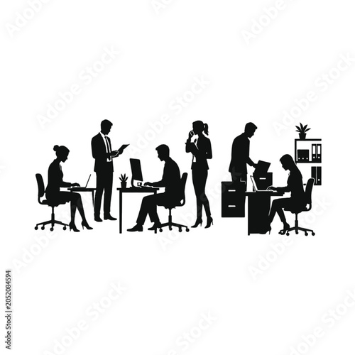 Collaborative office workers teamwork silhouette collection illustration.