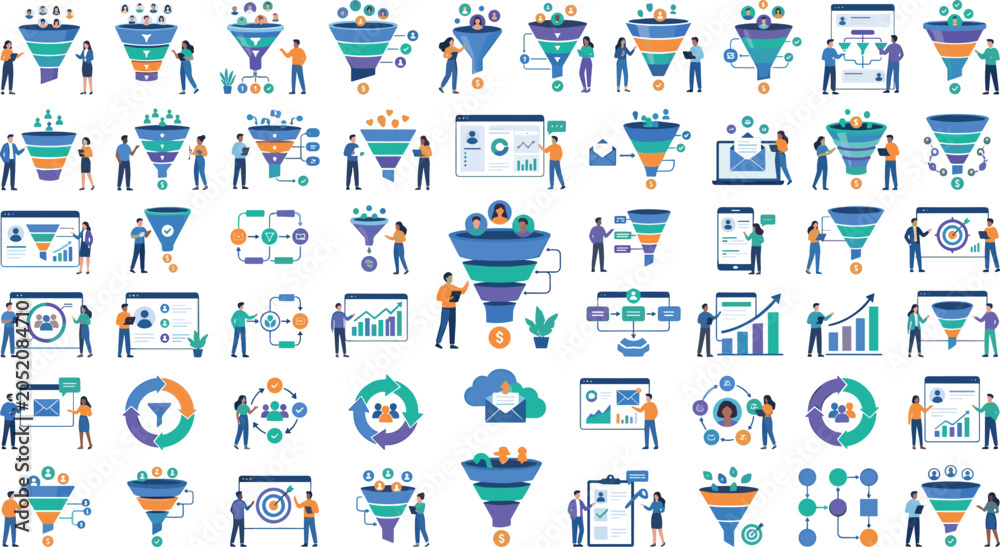 Fototapeta premium Digital Marketing Sales Funnel Vector Set with Business Characters Conversion Strategy Lead Generation Analytics Dashboards and Customer Journey Diagram