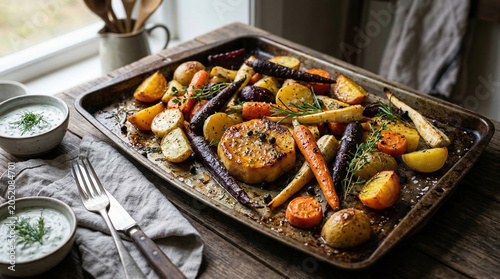 Traditional Nordic roasted salmon served with seasonal root vegetables on a rustic baking tray, showcasing wholesome Scandinavian cuisine and farm-to-table cooking.