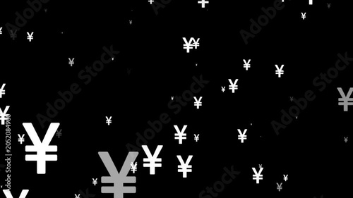 2D Chinese yuan yen currency sign particle animation with camera zoom burst effect on high speed lines background.