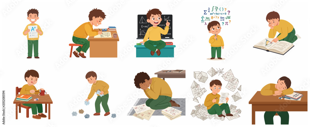 Fototapeta premium Set of little boy student character illustrations with different school activities and emotions