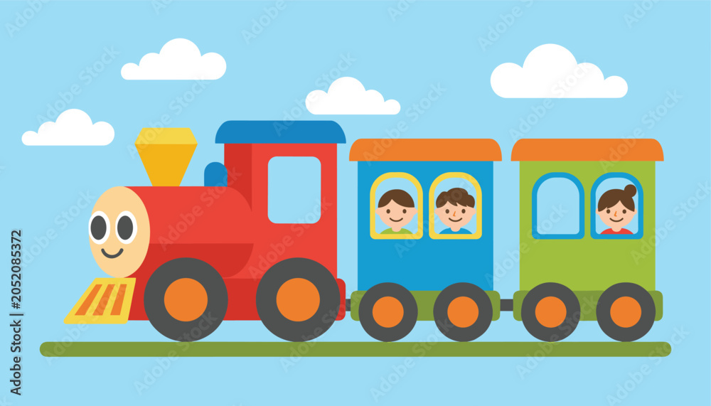 Naklejka premium Colorful toy train with happy children passengers riding in the carriages against a bright blue sky with white clouds.
