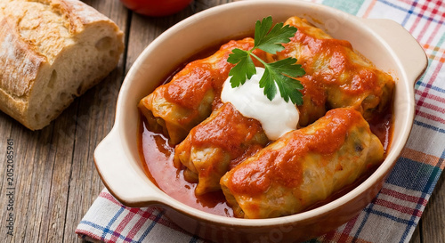 Traditional Polish stuffed cabbage rolls (Gołąbki) served in rich tomato sauce, presented in a rustic homemade meal setting with fresh bread.