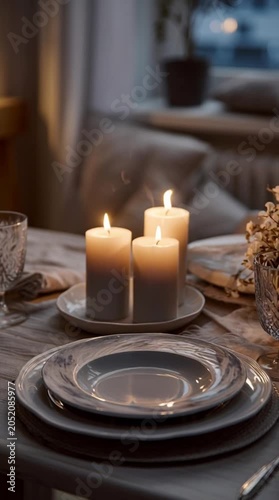 Cozy Evening Dining Table Setup Featuring Glowing Pillar Candles and Elegant Tableware in a Warm Ambient Home Interior Setting