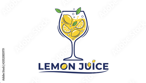 Creative logo design for lemon juice featuring a glass filled with refreshing citrus drink and fresh yellow lemon slices.