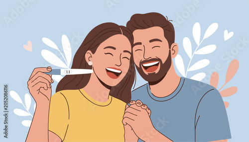 Happy excited couple holding a positive pregnancy test and celebrating together in a flat vector illustration.