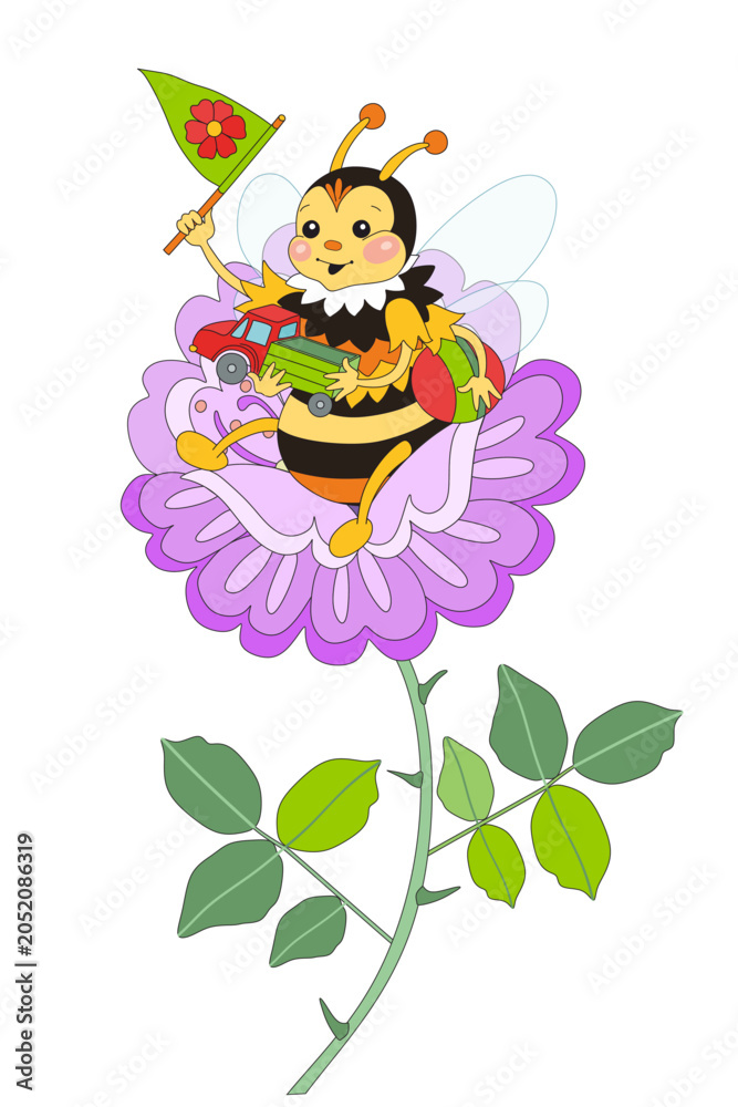 Fototapeta premium Baby bee with toys - truck, ball and small flag - sits on beautiful flower.
