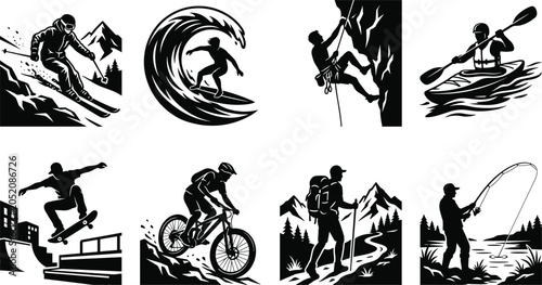 Photography Extreme sports and outdoor adventure vector icons featuring skiing surfing climb