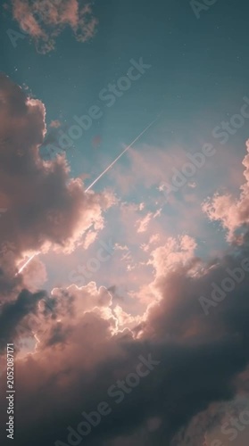 Dreamy Pastel Sky at Sunset with Soft Pink Clouds and a Distant Airplane Contrail