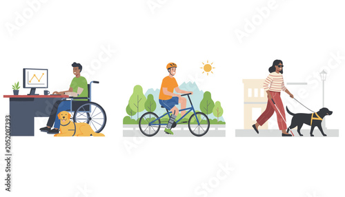 Diverse people with disabilities working on a computer, riding a bicycle, and walking with a guide dog in daily life activities.