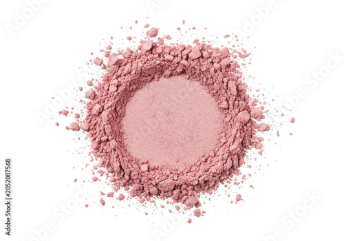 Circular pile of soft pink cosmetic face powder with loose particles and texture isolated on a transparent background