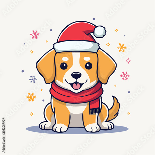 Cute Dog Wearing Santa Hat and Scarf with Snowflakes