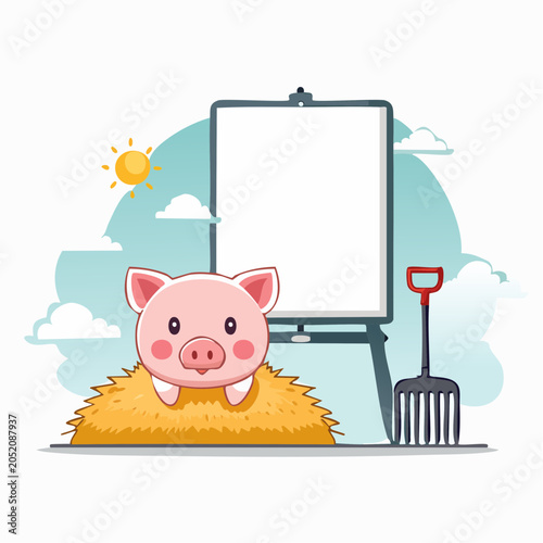 Cute Pig on Hay with Easel and Pitchfork
