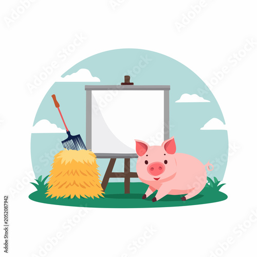 Cute Pig with Haystack and Easel on a Farm