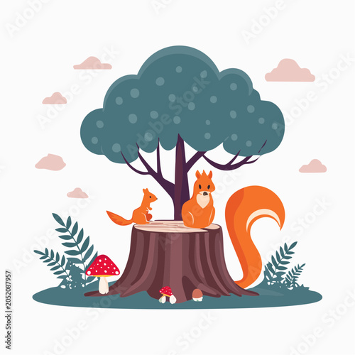 Cute Squirrels on Tree Stump with Mushrooms and Tree