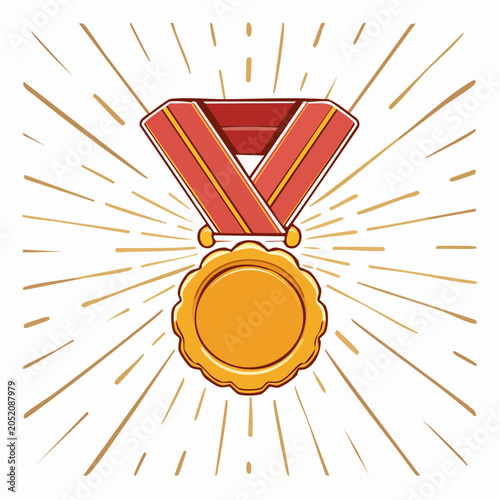 Golden Medal with Red Ribbon and Sunburst Background