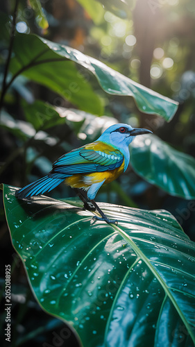 Colorful Green and Blue Bird Perched on a Tree Branch in Nature