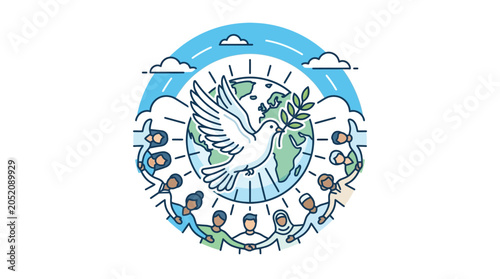 Billede på lærred Peaceful Dove Circling Earth with Diverse People Below