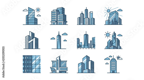 Cuadro en lienzo Modern city skyline illustrations with varied architecture
