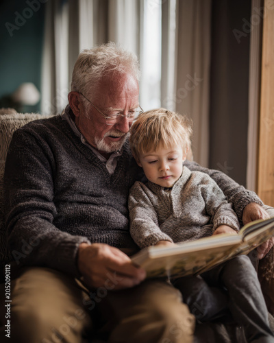 Grandfather grandson family reading book sofa window cozy senior child Grandfather and young grandson reading book together cozy sofa near window