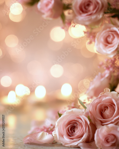 Romantic flower pink rose soft focus candle light bokeh petal wedding love