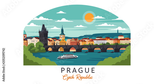 Canvas Print Prague City Skyline Vector Illustration Featuring The Historic Charles Bridge An