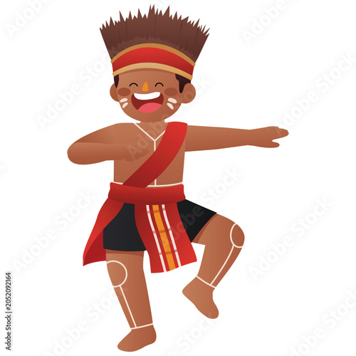 Tari Tumbuk Tanah Illustration, Illustration of a joyful Papuan dancer in traditional attire performing Tari Tumbuk Tanah.