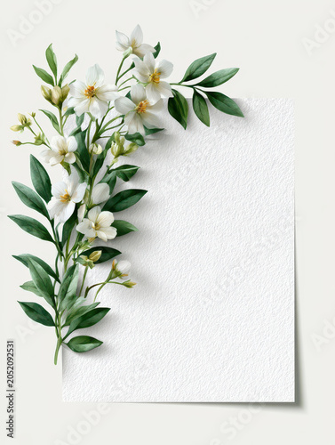 White flower green leaf paper floral border wedding Elegant white flower green leaf paper floral