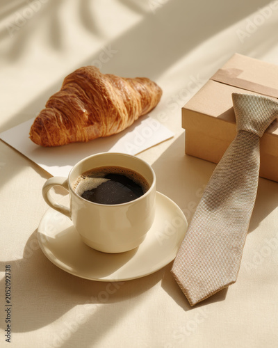 Coffee cup breakfast tie gift morning light soft shadow croissant pastry bakery beige ribbon holiday celebration elegant minimal still life