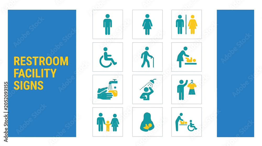 Fototapeta premium Collection of restroom facility signs including male, female, accessible, and family options
