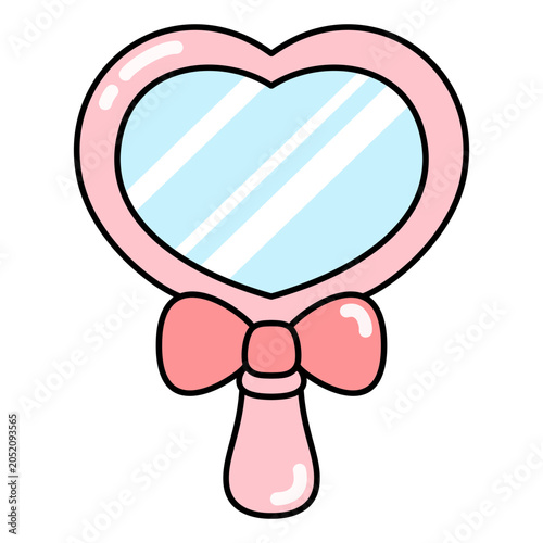 Cute Pink Heart Shaped Hand Mirror Cartoon Style Illustration Isolated