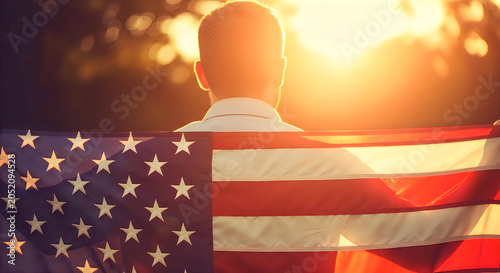 Silhouette of Person Holding American Flag at Sunset with Golden Light and Stars