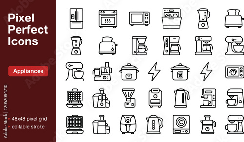 Bild auf Leinwand Kitchen appliances and cooking equipment line icon set
