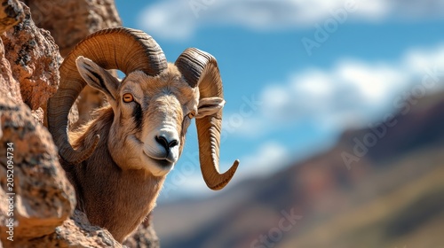 A majestic bighorn sheep with large, curved, textured horns gazes directly at the camera