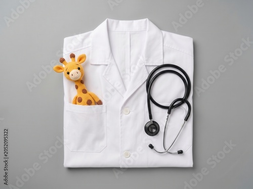 Pediatrician Medical Lab Coat with Stethoscope and Cute Toy Giraffe in Pocket