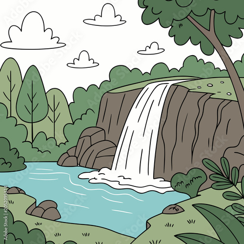Creative Waterfall Illustration With Calm Stream And Green Forest Background
