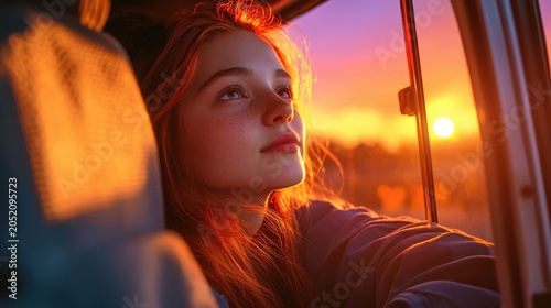 A dreamy young woman with freckles sits in a car, gazing out the window at a vibrant sunset