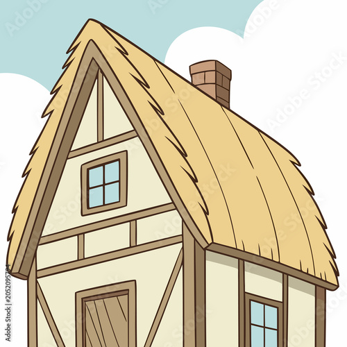 Village House Nature Art Illustration With Peaceful Countryside And Green Environment Scene Concept