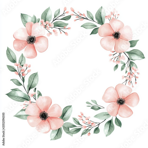 Soft floral wreath watercolor flower pink blossom green leaf