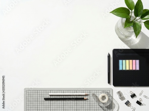 Minimalist Flat Lay of Creative Designer Workspace with Graphic Tablet and Stationery on White Desk