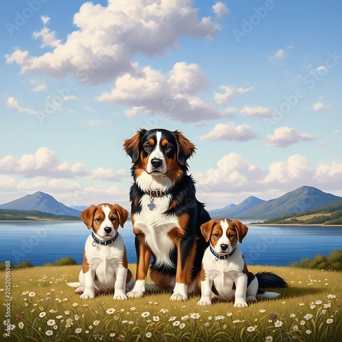 Three friendly dogs posing outdoors with scenic landscape and blue sky