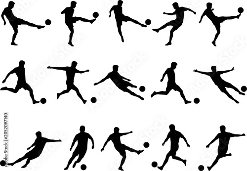 Foto Soccer football player shooting sliding kick ball silhouettes vector set isolate
